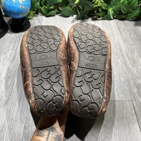 UGG Men\'s Ascot Slippers Dark Spice Brown Leather House Shoe 5379 US 11